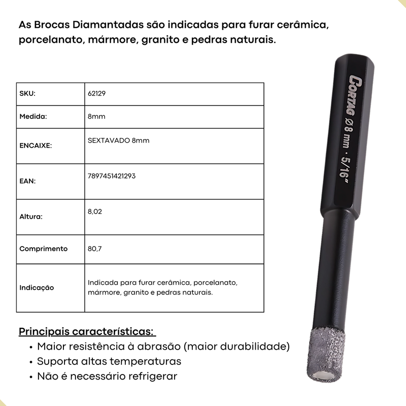 Broca Diamantada 8mm 5/16" Cortag (62129)
