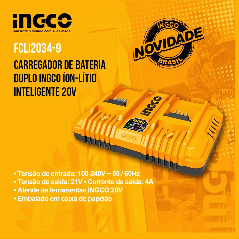 Carregador de bateria Duplo PS20 Bivolt Ingco 20v Fcli2034-9