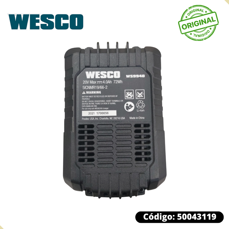 Bateria 20v 4.0Ah p/ Ferramentas de Diversos Modelos Wesco